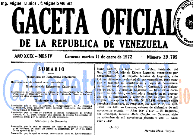 Gaceta Oficial 29705 del 11 Enero 1972