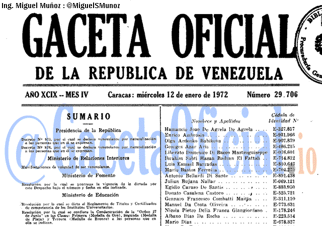 Gaceta Oficial 29706 del 12 Enero 1972