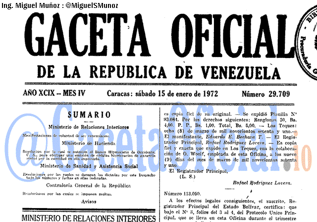 Gaceta Oficial 29709 del 15 Enero 1972