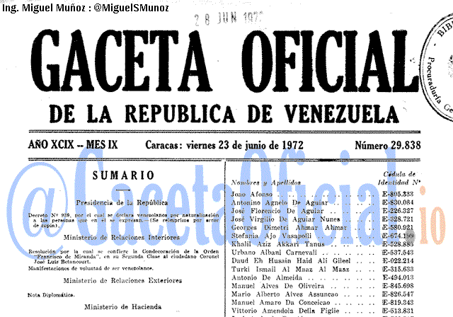 Gaceta Oficial 29838 del 23 Junio 1972