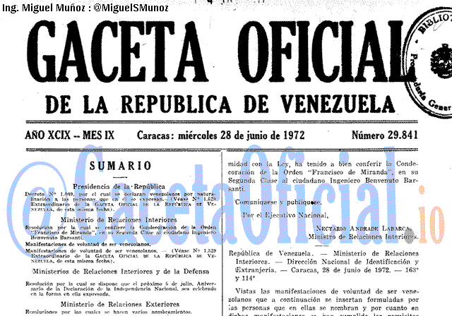 Gaceta Oficial 29841 del 28 Junio 1972