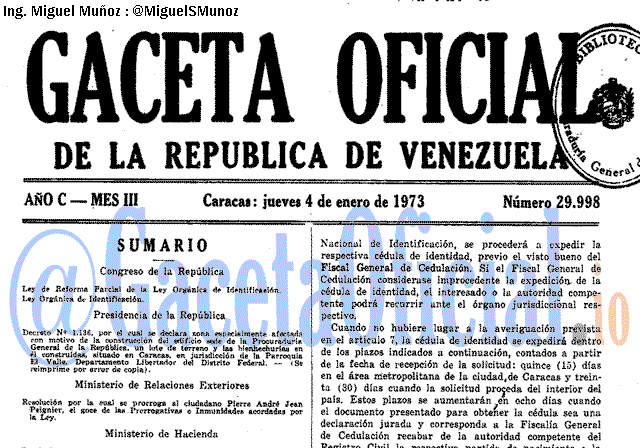 Gaceta Oficial 29998 del 4 Enero 1973