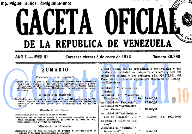 Gaceta Oficial 29999 del 5 Enero 1973