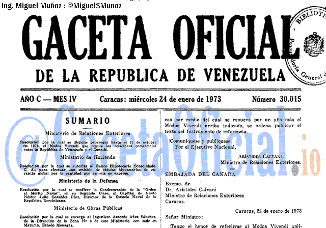 Gaceta Oficial 30015 del 24 Enero 1973