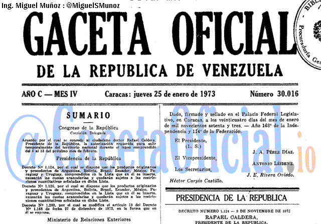 Gaceta Oficial 30016 del 25 Enero 1973