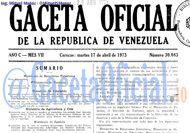 Gaceta Oficial 30083 del 17 Abril 1973