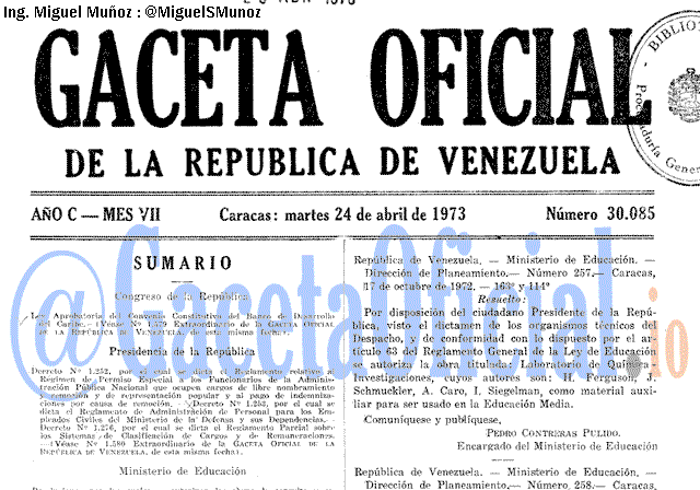 Gaceta Oficial 30085 del 24 Abril 1973