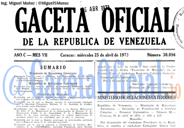 Gaceta Oficial 30086 del 25 Abril 1973
