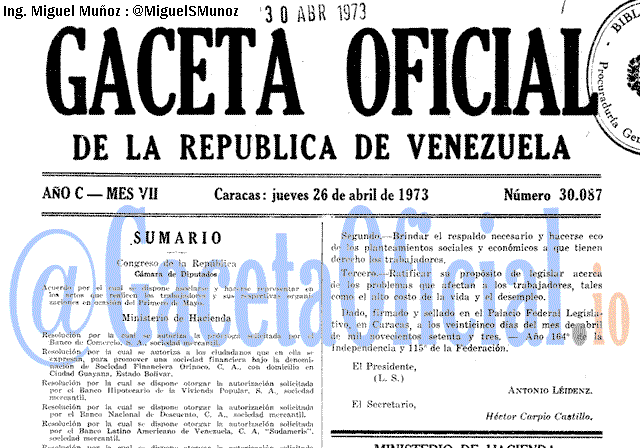 Gaceta Oficial 30087 del 26 Abril 1973