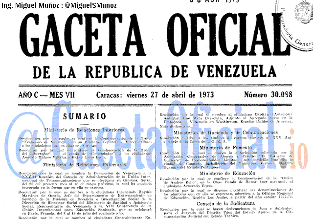 Gaceta Oficial 30088 del 27 Abril 1973