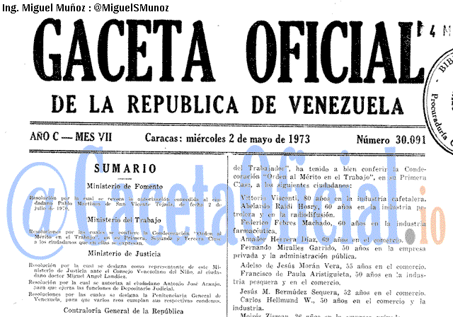 Gaceta Oficial 30091 del 2 Mayo 1973