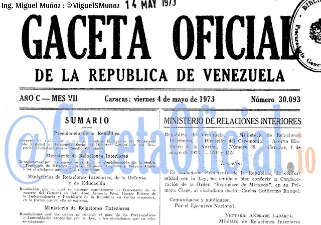 Gaceta Oficial 30093 del 4 Mayo 1973