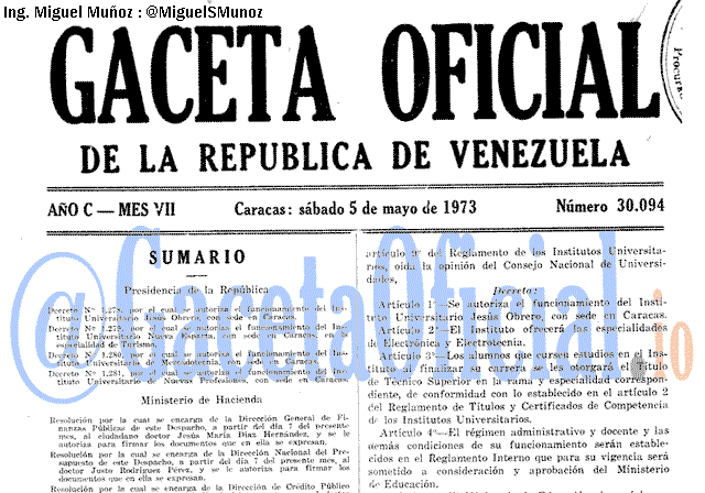 Gaceta Oficial 30094 del 5 Mayo 1973
