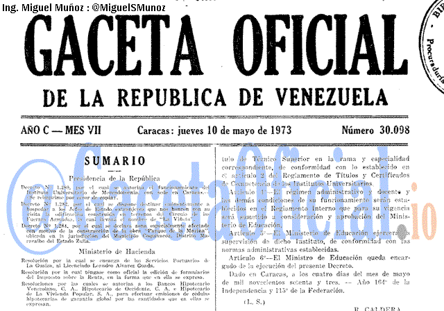 Gaceta Oficial 30098 del 10 Mayo 1973