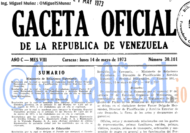 Gaceta Oficial 30101 del 14 Mayo 1973