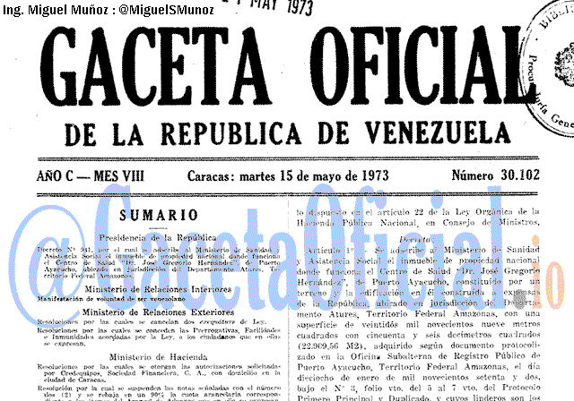 Gaceta Oficial 30102 del 15 Mayo 1973