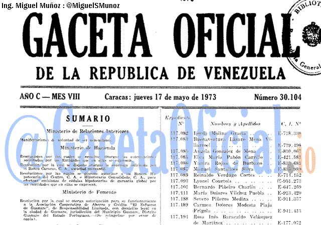 Gaceta Oficial 30104 del 17 Mayo 1973