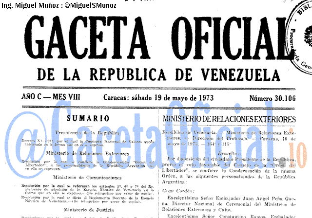 Gaceta Oficial 30106 del 19 Mayo 1973