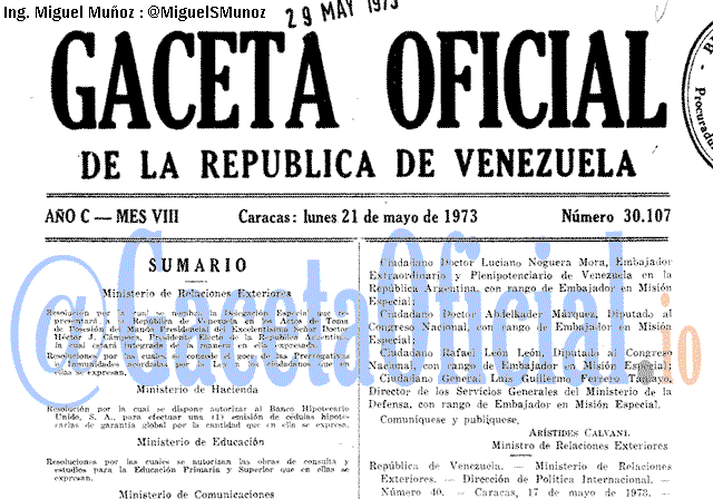 Gaceta Oficial 30107 del 21 Mayo 1973