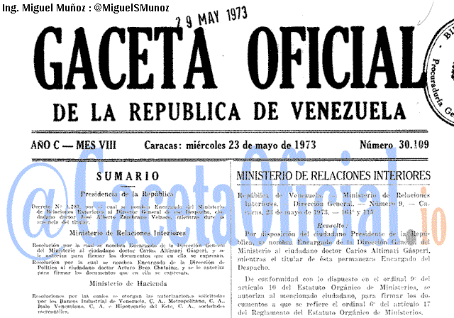 Gaceta Oficial 30109 del 23 Mayo 1973