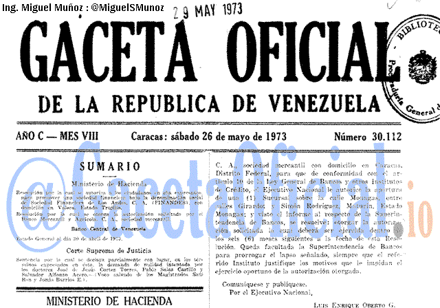 Gaceta Oficial 30112 del 26 Mayo 1973