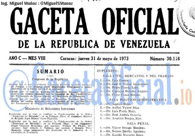 Gaceta Oficial 30116 del 31 Mayo 1973