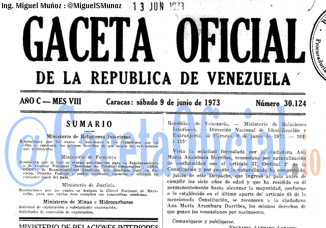 Gaceta Oficial 30124 del 9 Junio 1973