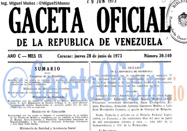 Gaceta Oficial 30140 del 28 Junio 1973