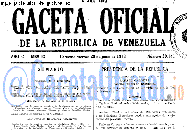 Gaceta Oficial 30141 del 29 Junio 1973