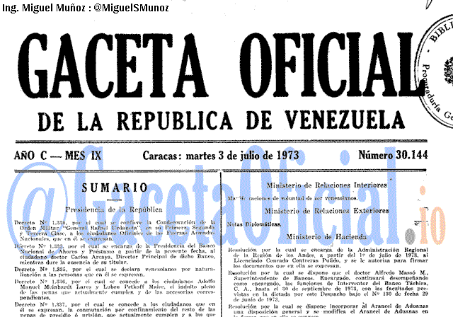 Gaceta Oficial 30144 del 3 Julio 1973