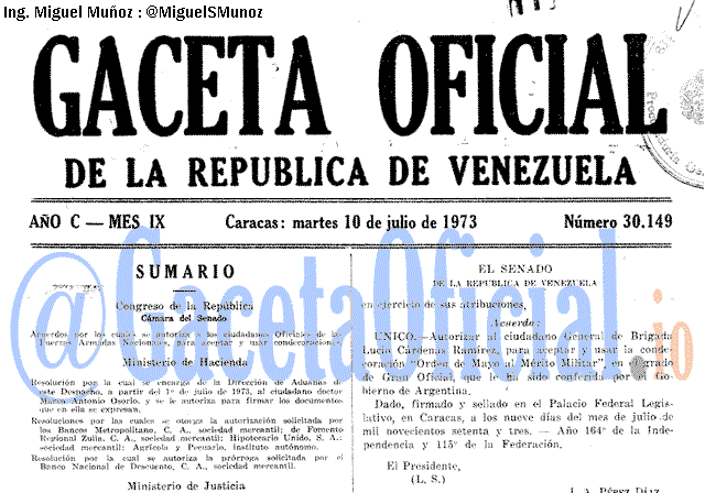 Gaceta Oficial 30149 del 10 Julio 1973