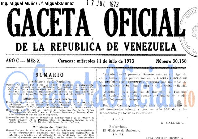 Gaceta Oficial 30150 del 11 Julio 1973