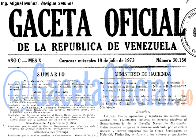 Gaceta Oficial 30156 del 18 Julio 1973