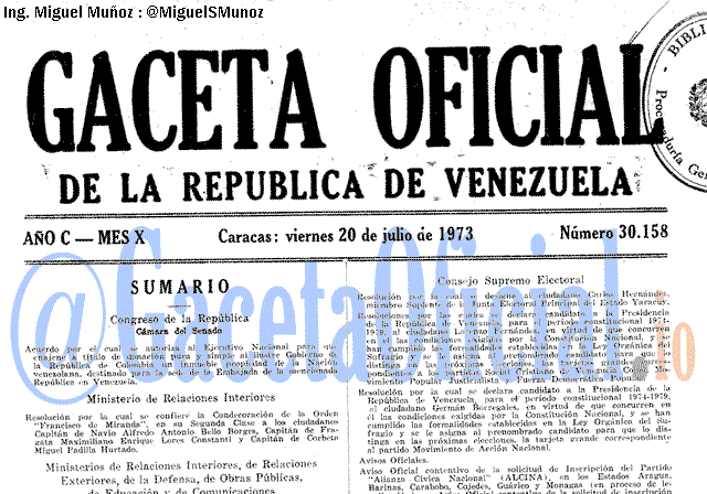 Gaceta Oficial 30158 del 20 Julio 1973