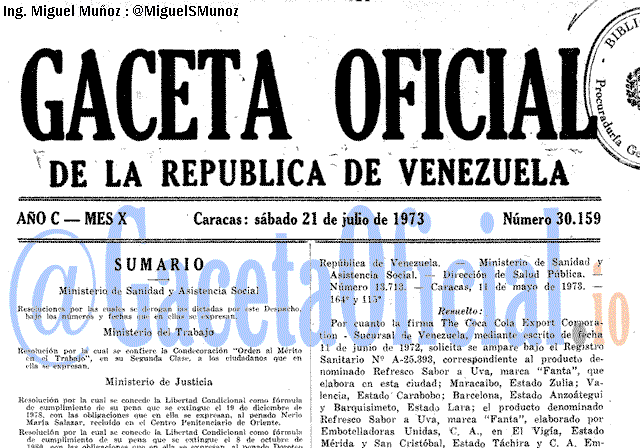 Gaceta Oficial 30159 del 21 Julio 1973
