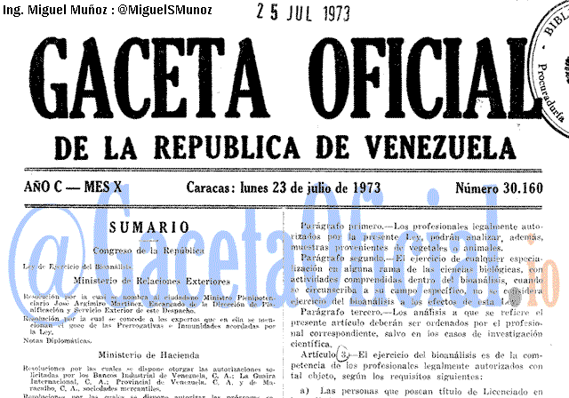 Gaceta Oficial 30160 del 23 Julio 1973