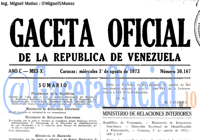 Gaceta Oficial 30167 del 1 Agosto 1973