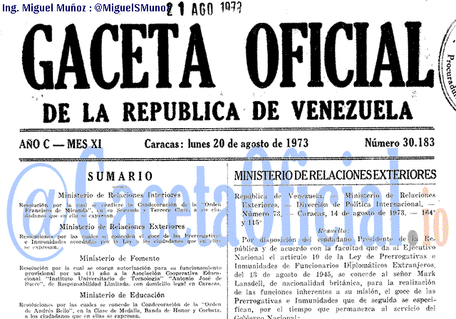 Gaceta Oficial 30183 del 20 Agosto 1973