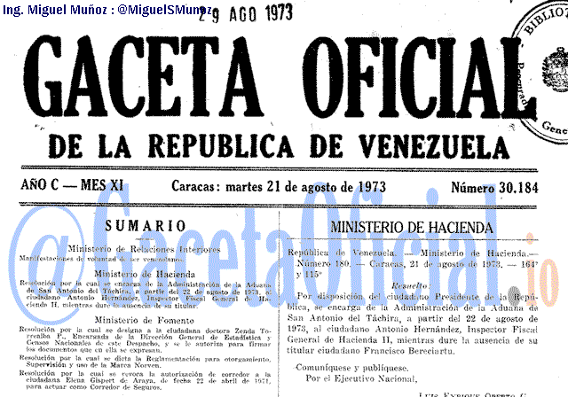 Gaceta Oficial 30184 del 21 Agosto 1973