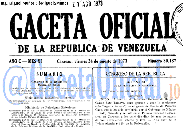 Gaceta Oficial 30187 del 24 Agosto 1973