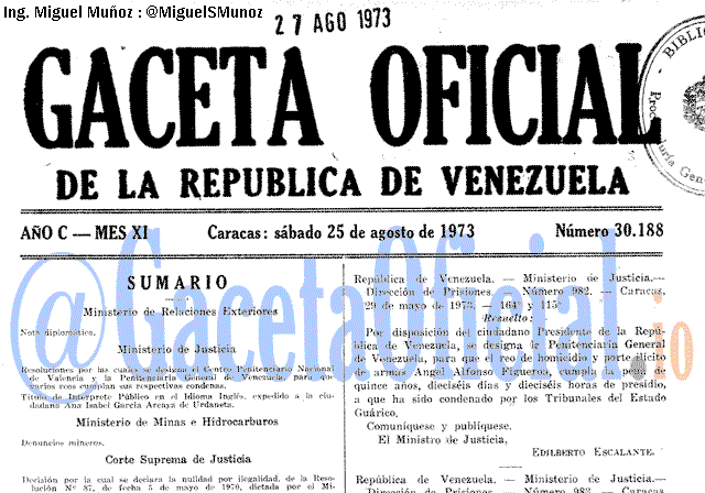 Gaceta Oficial 30188 del 25 Agosto 1973