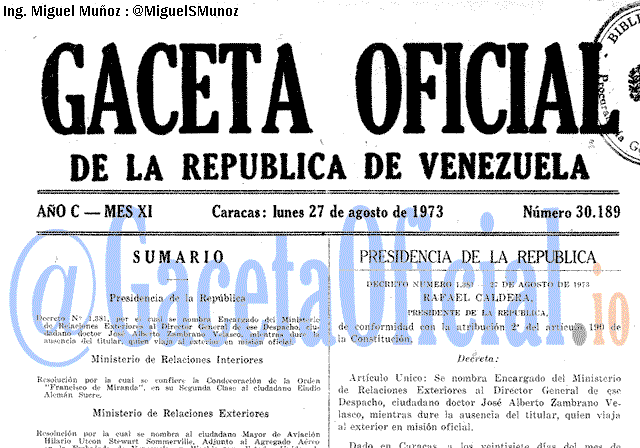 Gaceta Oficial 30189 del 27 Agosto 1973