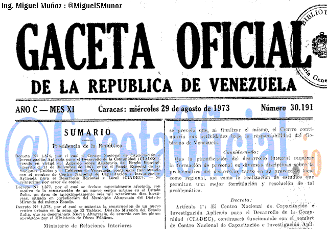 Gaceta Oficial 30191 del 29 Agosto 1973