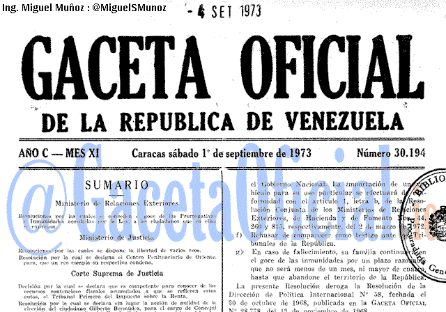 Gaceta Oficial 30194 del 1 Septiembre 1973
