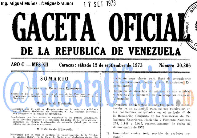 Gaceta Oficial 30206 del 15 Septiembre 1973
