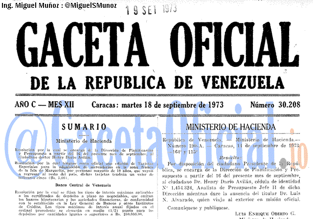 Gaceta Oficial 30208 del 18 Septiembre 1973