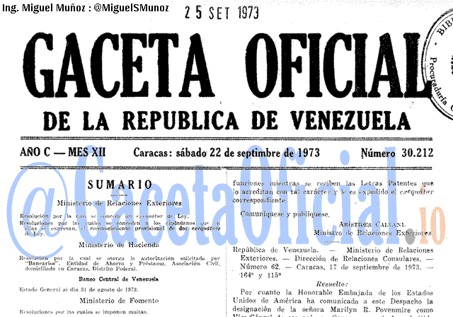 Gaceta Oficial 30212 del 22 Septiembre 1973