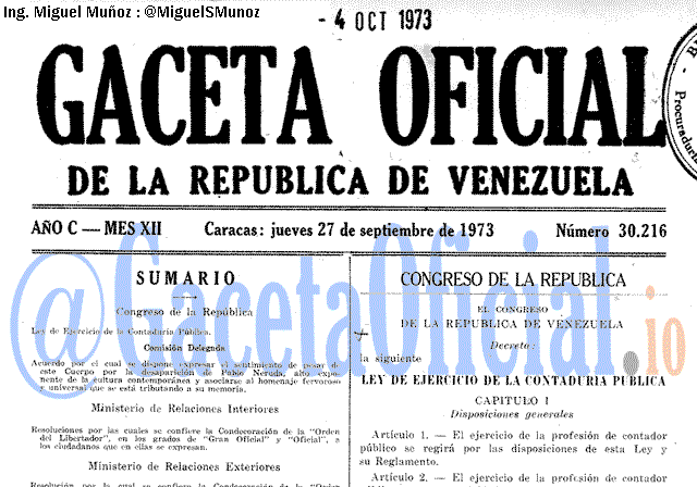 Gaceta Oficial 30216 del 27 Septiembre 1973