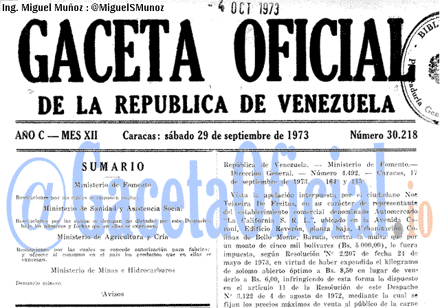 Gaceta Oficial 30218 del 29 Septiembre 1973