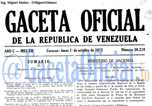 Gaceta Oficial 30219 del 1 Octubre 1973